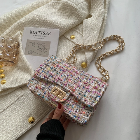 Women Elegant Tweed Quilted Crossbody Bag Multicolor Woven Chain Shoulder Bag With Metal Lock Vintage Ladylike Handbag
