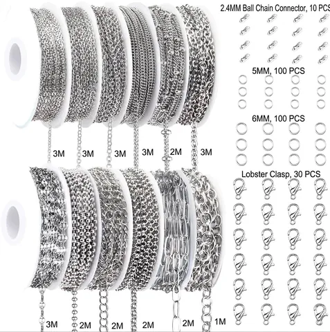Stainless Steel Jewelry Making Chains Including Lobster Clasps Open Jump Rings Pinch Bails For DIY Necklace Bracelet Crafting
