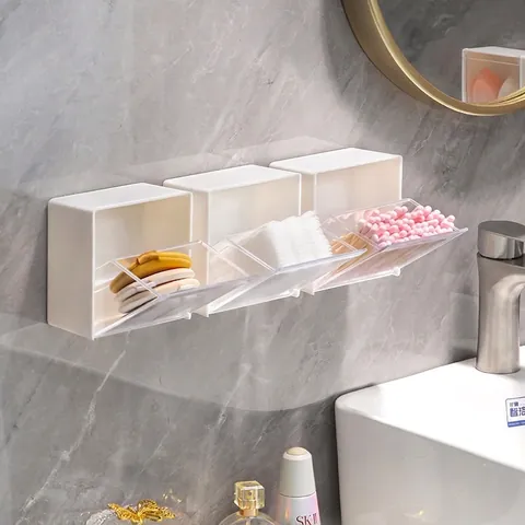 Scatola Portaoggetti Da Parete Con Coperchio A Ribalta Plastica Trasparente Organizer Trucco Bastoncini Cotone Bagno Ufficio