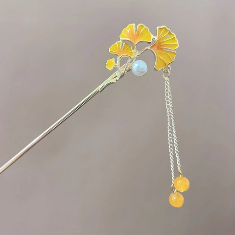 Horquilla Para El Pelo Estilo Chino Hoja De Ginkgo Con Borla Larga Perla Artificial Imitación Aleación Accesorio Hanfu Vintage