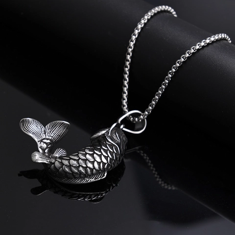 Vintage Stainless Steel Koi Fish Pendant Necklace Men Women Lucky Carp Animal Hip Hop Punk Retro Silver Color Jewelry