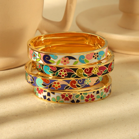 Brazalete Flor Esmalte Vintage Acero Inoxidable Chapado En Oro 18K Bisagra Pulsera Dulce Joyería Colorida Mujer