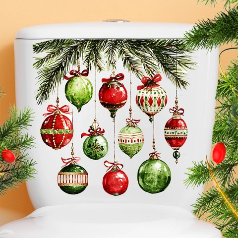 Adesivo per WC di Natale ad Acquerello in PVC Impermeabile Decalcomania da Muro Palle Rosso Verde Rami di Pino Decorazione Casa