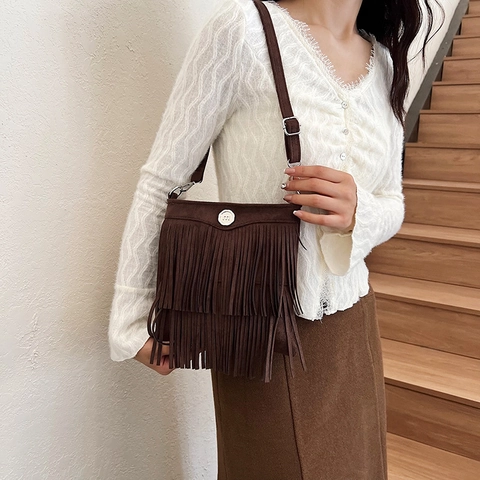 Women Faux Suede PU Leather Tassel Crossbody Bag Vintage Bohemian Fringe Shoulder Pouch Small Square Messenger Handbag