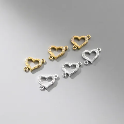 Connecteur Cœur en Argent Sterling 925 Strass Pavé Pendentif Creux à Double Trou pour Création de Bijoux DIY