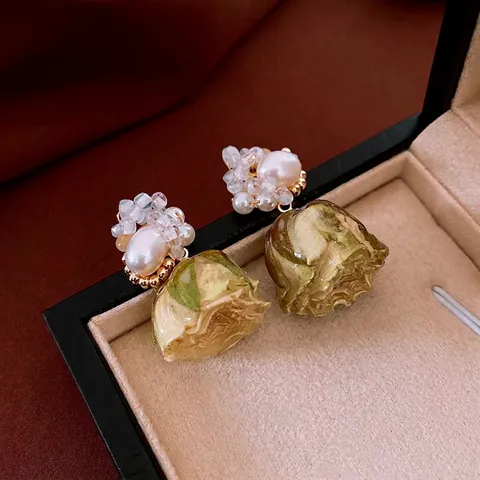 Pendientes Colgantes De Perla Artificial De Agua Dulce Y Rosa Seca Con Poste De Plata Estilo Francés Vintage Joyería Floral Para Mujer