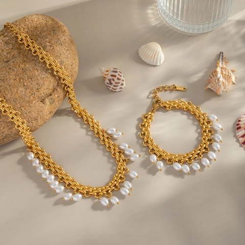 Elegant Necklace And Bracelet 18K Gold Plated Stainless Steel Faux Artificial Pearl Charms Double Layer Chain Women Minimalist