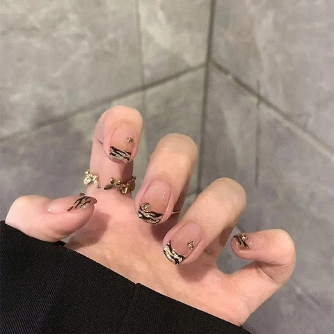 French Zebra Print Press On Nails Nude Pink Square False Nails With Rhinestones And Glitter Sweet Cool Style For Women