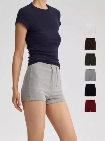 Pantalones Cortos Mujer Cintura Alta Algodón Spandex Punto Acanalado Cordón Atlético Yoga Gimnasio Entrenamiento Color Sólido