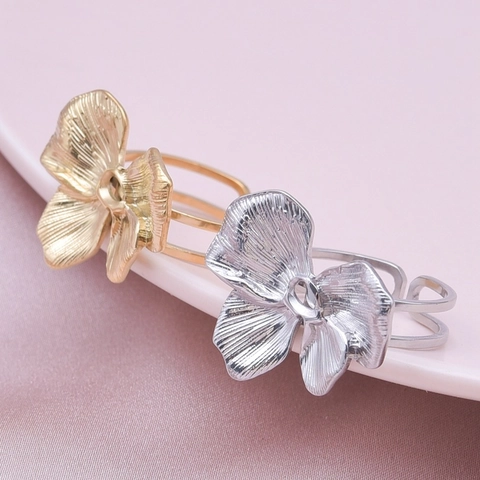 Floral Butterfly Leaf Adjustable Ring 304 Stainless Steel Brushed Texture Double Band Minimalist Vintage Jewelry Women