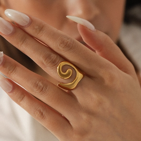 Spiral Open Ring 18K Gold Plated Stainless Steel Hollow Twisted Threaded Adjustable Minimalist Jewelry For Women