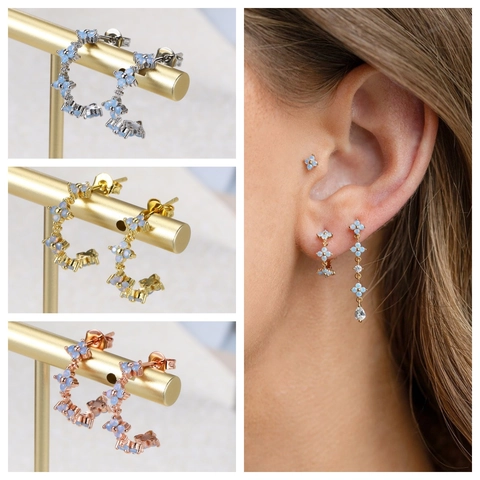 Blue Zirconia Flower Stud Earrings For Women Copper Gold Plated C-Shaped Floral Clover Aesthetic Jewelry Earrings Fashion Gift