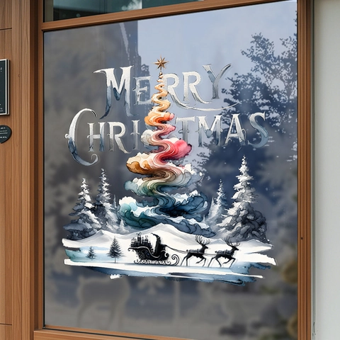 Christmas Window Clings Static Stickers Double Sided Watercolor Christmas Tree Reindeer Sleigh Glass Door Decals Holiday Decoration