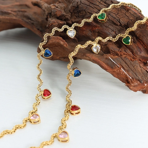 Bunte Herz Anhänger Halskette Gold Titanstahl Messing Zirkonia Geometrische Kordelkette Schmuck Für Damen