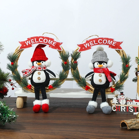 Ghirlanda Di Natale Pinguino Anello Rattan Segno Benvenuto Bambola Peluche Pino Artificiale Bacca Decorazione Porta