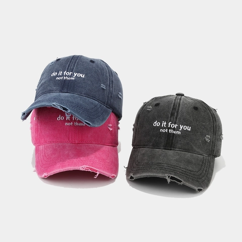 Washed Cotton Baseball Cap Distressed Ripped Vintage Letter Embroidery Adjustable Sun Hat Casual Outdoor Men Women