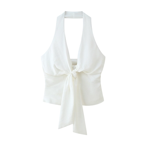 Damen Elegant Weiß Halterneck Top Und Weites Bein Hose Outfit Sommer Lässig Ärmellos Plissiert Hohe Taille Kleidung Kombination