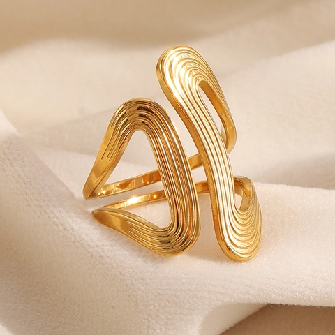 Stainless Steel Ring 18K Gold Plated Irregular Geometric Wave Line Adjustable Open Minimalist Fashion Jewelry For Women