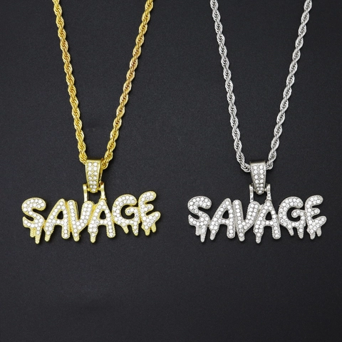Hip Hop SAVAGE Letter Pendant Necklace For Men Women Iced Out Rhinestone Alloy Rope Chain Jewelry Gold Silver