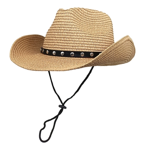 Chapeau De Cowboy En Paille À Bord Large Protection Solaire Été Plage Jazz Avec Bande Rivet Et Corde Coupe-Vent Réglable Femme