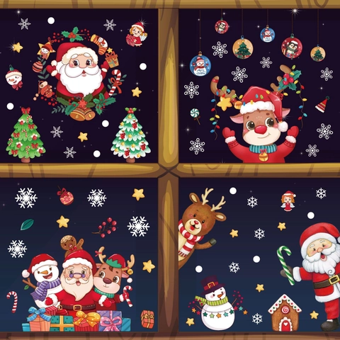 Christmas Window Stickers Static Cling PVC Removable Reusable Santa Snowflakes Reindeer Home Glass Decor Holiday Atmosphere