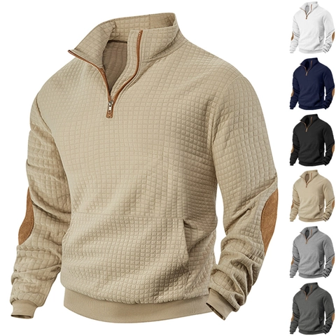 Herren Waffelstrick Sweatshirt Viertel Reißverschluss Stehkragen Langarm Ellenbogen Patches Lässiges Vintage Oberteil