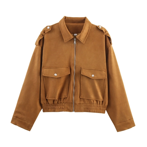 Chaqueta De Gamuza Para Mujer Corta Suelta Con Cremallera Cargo Bomber Con Bolsillos Y Hombreras Color Sólido