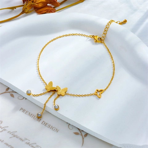 Cavigliera Farfalla Con Nappa Acciaio Inossidabile Placcato Oro Zircone Bianco Minimalista Catena Da Piede Per Donna