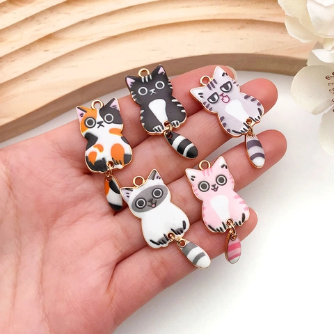 Cartoon Cat Charms Alloy Drip Oil Enamel Pendants With Movable Tail For DIY Jewelry Making Necklaces Keychains Crafting