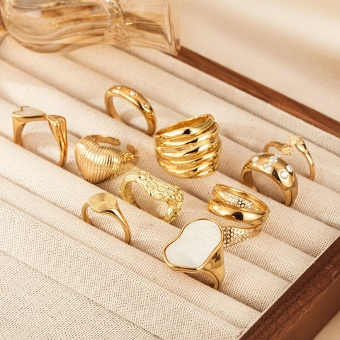 Anillo Mujer Acero Inoxidable Chapado Oro 18K Circón Concha Geométrico Serpiente Manos Abrazando Vintage Minimalista Joyas