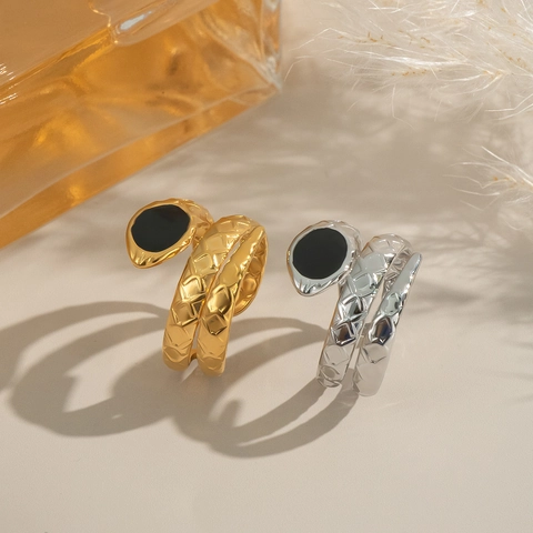 Snake Wrap Ring Stainless Steel Waterproof Quilted Texture Black Enamel Adjustable Fashion Jewelry Accessories For Women