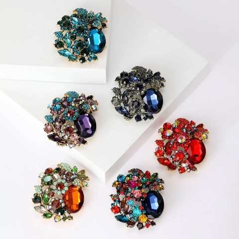 Broche de Flor de Aleación de Lujo con Diamantes de Imitación para Mujer Broche Floral de Cristal Vintage Accesorios de Ropa Joyería Elegante de Banquete