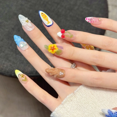 3D Relief Meer Sommer Handgefertigt Künstliche Fingernägel Medium Mandel Frucht Muschel Design Dekorative Nägel Für Damen Urlaub
