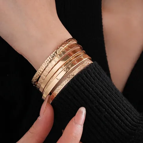 Brazaletes Abiertos De Aleación Martillado Pulido Patrón Geométrico Joyería De Mano Moda Estilo Retro Lujo Para Mujer