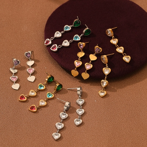 Fashion Stainless Steel Heart Dangle Earrings For Women Gold Silver Plated Multi Colored White Rhinestone Long Drop Jewelry
