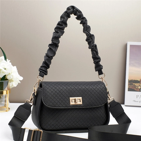 Women Quilted PU Leather Shoulder Bag Pleated Handle Wide Strap Rhombic Pattern Crossbody Small Square Handbag