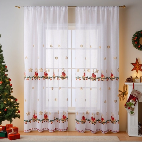 Christmas Sheer Curtains Embroidered White Polyester Mesh Candle Snowflake Reindeer Window Holiday Decor Festive