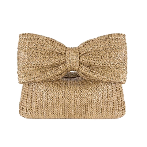 Straw Woven Handbag Large Bowknot Zipper Closure Summer Beach Style Casual Clutch For Women