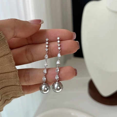 Elegantes Pendientes Largos De Gota Para Mujer Circonita Perla Artificial De Imitación Poste De Plata De Ley 925 Accesorio