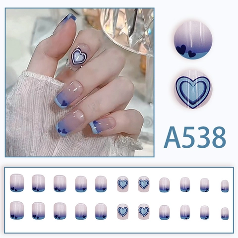 Blue Gradient Heart Press On Nails French Style Short Round Glossy Artificial Fingernails For Women DIY Manicure