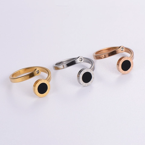Anillo Ajustable Disco Números Romanos Acero Inoxidable Con Zirconia Esmalte Negro Moda Minimalista Para Mujeres
