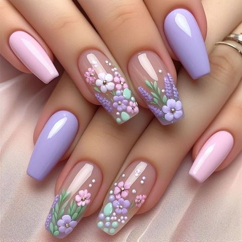 Press On Nails Ballerina Shape Floral Relief Design Purple Pink Reusable False Nails Art For Women Detachable Manicure