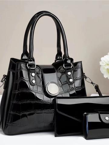 Fashion Women PU Patent Leather Crocodile Pattern Tote Handbag Crossbody Bag Clutch And Purse Elegant Glossy Commuter