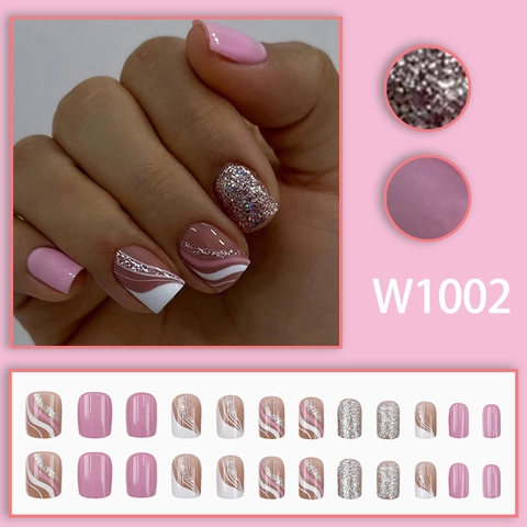 French Style Press On Nails Glitter Wavy Pattern Short Square Round Glossy Artificial Fingernails For Women