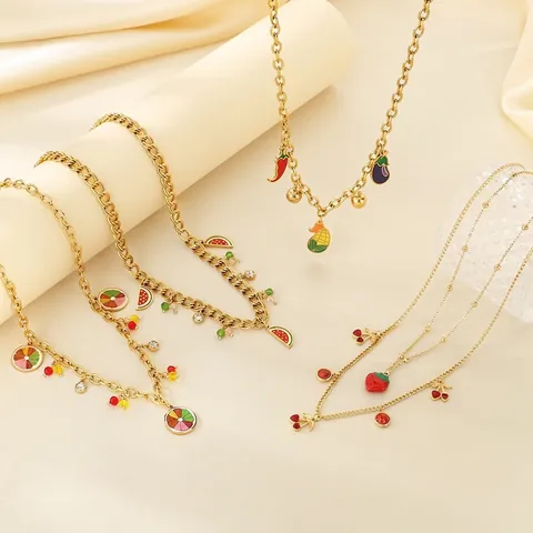 Gold Plated Stainless Steel Fruit Vegetable Pendant Necklace Enamel Strawberry Cherry Corn Jewelry Gift For Women