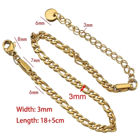 Stainless Steel 18K Gold Plated Figaro Chain Bracelet Anklet DIY Jewelry Making Finding Adjustable With Lobster Clasp