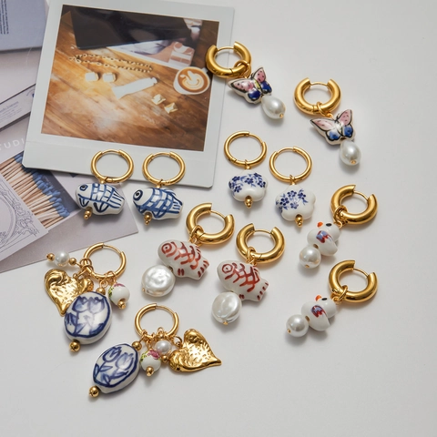 Stainless Steel Hoop Drop Earrings With Ceramic Floral Charms And Imitation Artificial Pearl Gold Plated Hypoallergenic For Women