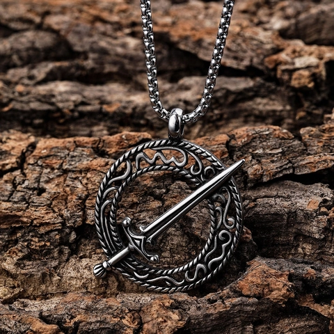 Collier Pendentif Épée Bouclier Acier Inoxydable Vintage Viking Gothique Style Bijoux Pour Hommes
