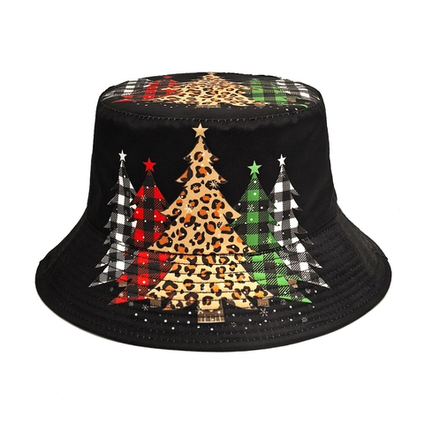 Kerstboom Print Vissershoed Omkeerbaar Polyester Zonbescherming Vintage Vakantie Mode Zonnehoed Voor Heren Dames