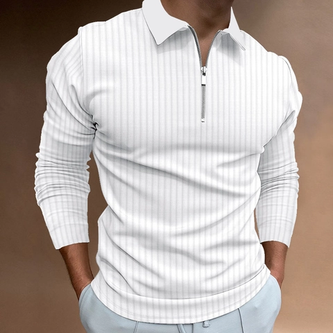 Men's Casual Long Sleeve Polo Shirt Zip Placket Ribbed Knit Striped Polo Top Autumn Urban Fashion Slim Fit Polyester Male Shirt